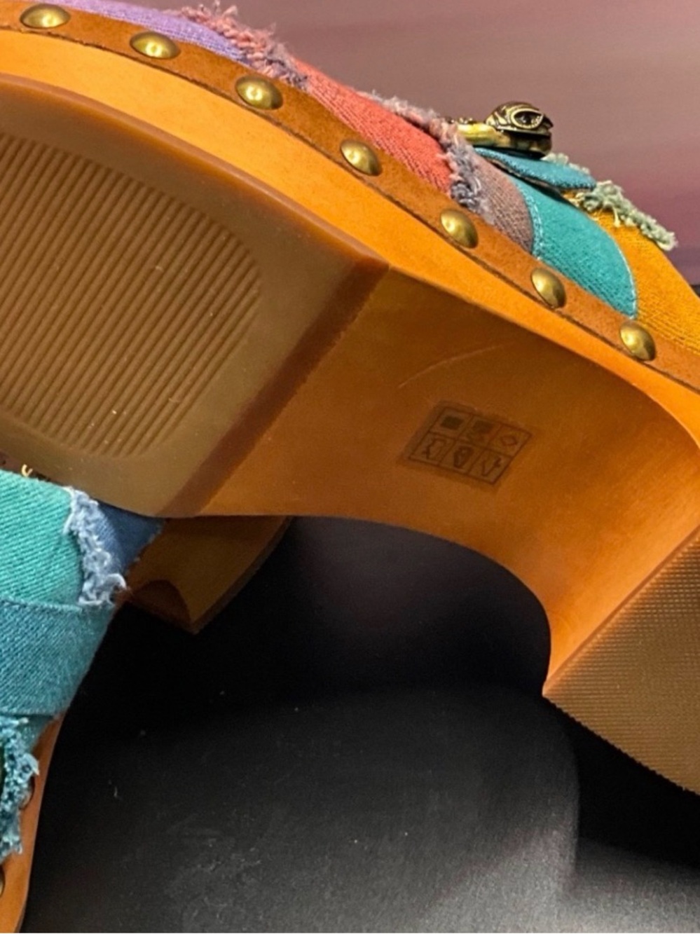 NIB Kurt Geiger Multicolor Frayed Denim Buckle Mules - Picture 6 of 8